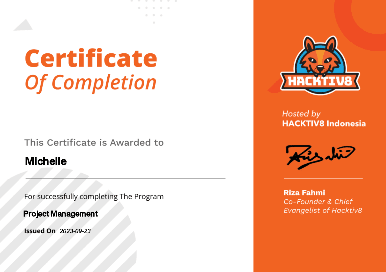 Certificate Michelle Project Management - page 1