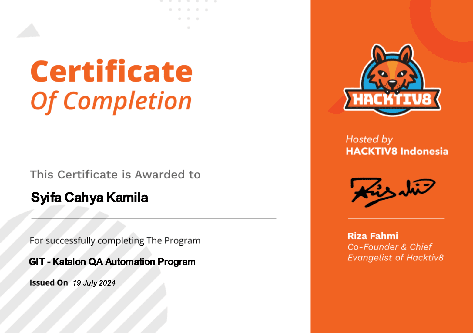 GIT Students Certificate - page 1
